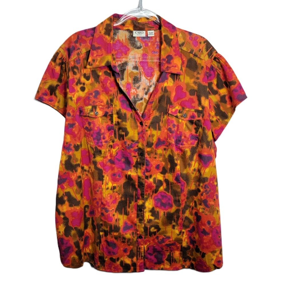 Cato Woman Plus Size 26/28W‎ Button Down Shirt Abstract Floral Orange Pink